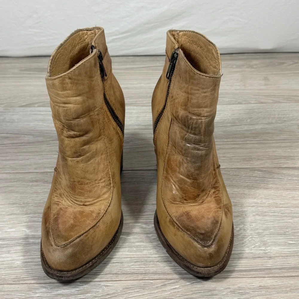 Bed‎ Stu Distressed Tan Isla Leather Ankle Boots Block Heel Side Zip 8078 Size 8